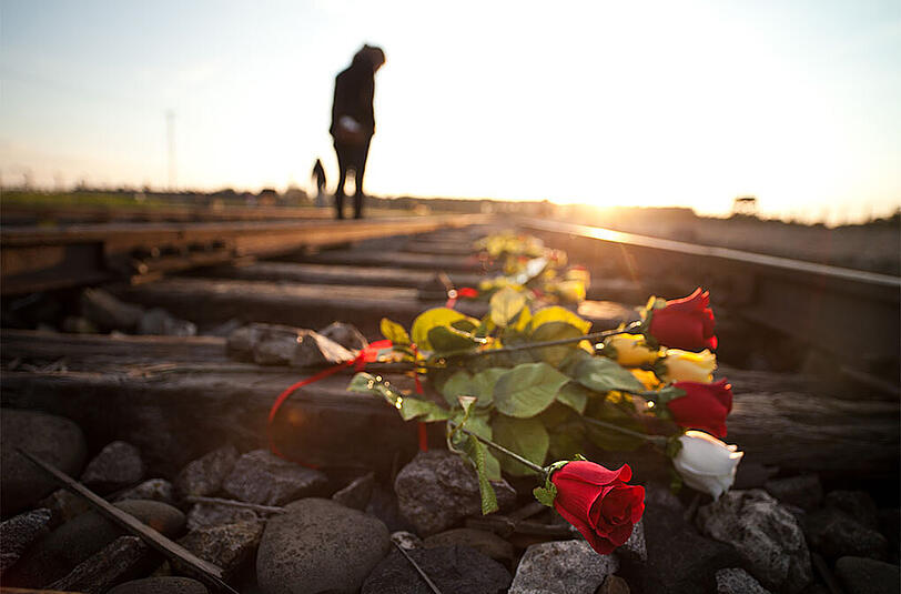 Blumen auf den Gleisen, die zum KZ Auschwitz-Birkenau führen. 70 Jahre nach der KZ-Befreiung durch die Alliierten findet dieses Jahr eine Gedenkveranstaltung statt, an der Überlebende und zahlreiche Politiker teilnehmen.