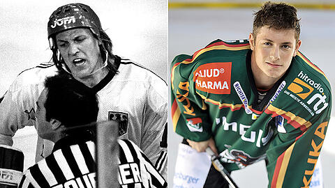 Vater Erich Kühnhackl (links) 1983 während seiner aktiven Zeit als Nationalspieler, sein Sohn Tom 2009 im Trikot des DEL-Klubs Augsburger Panther.