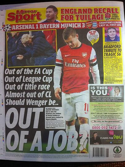 Der Daily Mirror spekuliert das bis vor kurzem Undenkbare: Eine Entlassung von Arsene Wenger. Seit 16 Jahren ist der schon Coach von Arsenal London. Doch nach der klaren Niederlage gegen den FC Bayern steckt der Club tief in der Krise, ist quasi raus aus allen Wettbewerben.