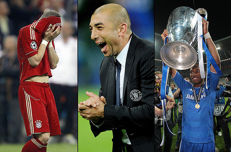 Himmelhoch jauchzend nach dem Championes-League-Finale 2012: Roberto Di Matteo (m.) und Didier Drogba (r.) vom FC Chelsea. Zu Tode betrübt: Bayerns Bastian Schweinsteiger (l.)