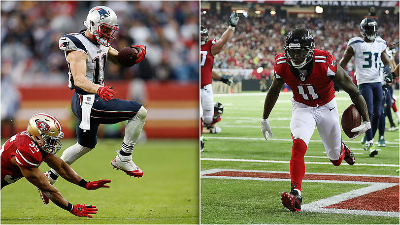 Duell der Star-Wide Receiver: Julian Edelman (l.) von den Patriots gegen Julio Jones von den Falcons.