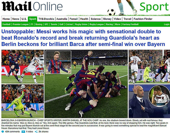 Die englische "Daily Mail": "Nicht zu stoppen. Messi zeigt seine Magie und bricht mit seinem Doppelpack sowohl Ronaldos Rekord als auch Guardiolas Herz, bei dessen Rückkehr. Nach dem Sieg gegen Bayern winkt dem brillianten Barca Berlin.