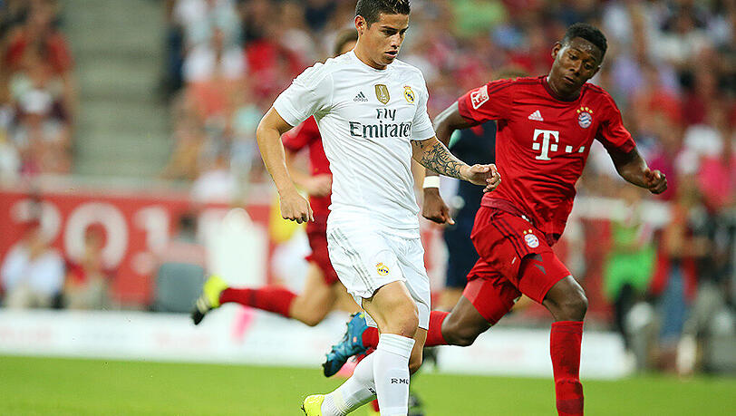Tragen sie vielleicht bald schon das Trikot des jeweils anderen Vereins? James Rodriguez von Real Madrid (links) und David Alaba vom FC Bayern. Tragen sie vielleicht bald schon das Trikot des jeweils anderen Vereins? James Rodriguez von Real Madrid (links) und David Alaba vom FC Bayern.