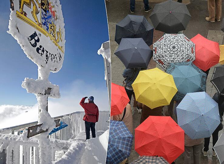 Neuschnee gibt&rsquo;s satt &ndash; nicht bloß auf der Zugspitze. In München ist der Schirm über Pfingsten ein Muss.