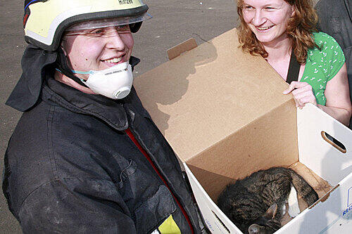 Mager aber lebend bringt ein Feuerwehrmann Kater Felix zu seiner Besitzerin.