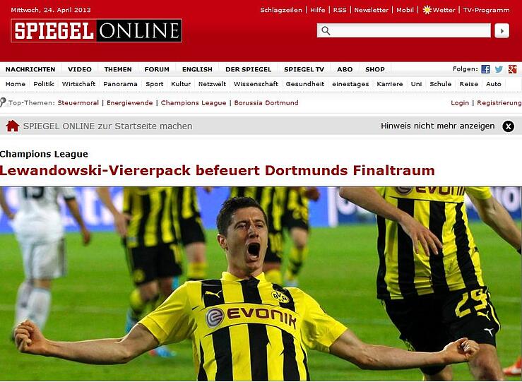 "Lewandowski-Viererpack befeuert Dortmunds Final-Traum", schreibt "spiegel.de".