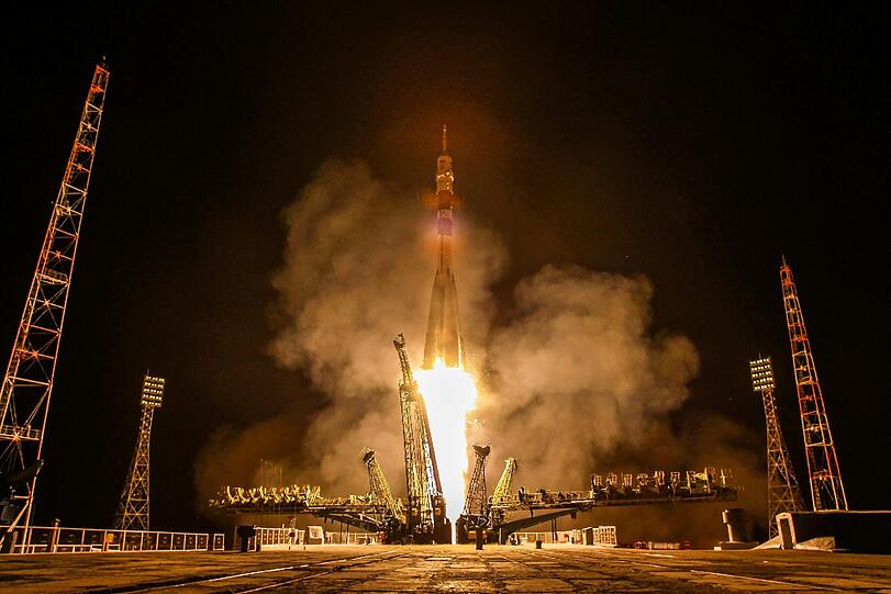 Der Augenblick der Wahrheit: Die Triebwerke zünden und die Sojus-Rakete hebt ab.