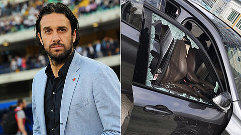 Durchlebte schlimme Momente: Luca Toni. Rechts das beschädigte Fahrzeug.