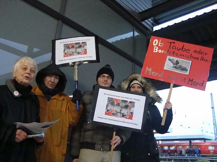 "Ob Taube oder Bordsteinschwalbe: Mord bleibt Mord!": So protestieren Tierschützer in Schweinfurt gegen das Taubentöten in Pasing.