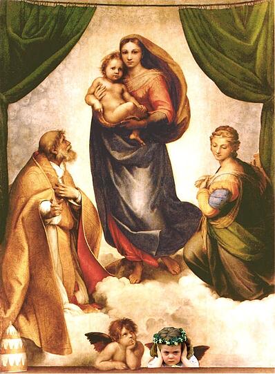 Gelangweilter Engel: Grantl-Grace im Gemälde &bdquo;Sixtinische Madonna&ldquo; von Raffael.