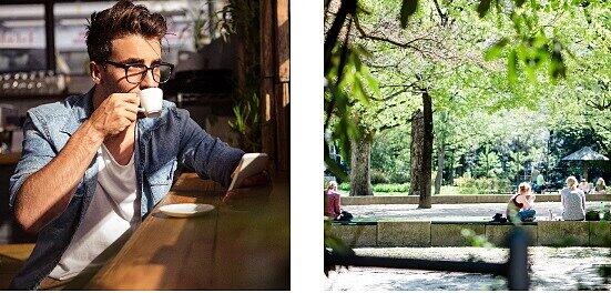 So schön lebt es sich im Bahnhofsviertel: ein guter Kaffee &ndash; und eine echte Idylle im Nußbaumpark. Zumindest in der Werbung.