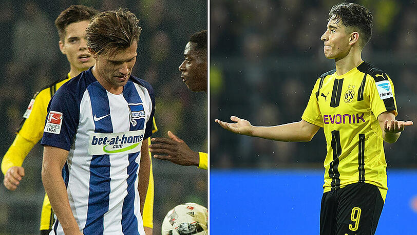 Zwangspause: Valentin Stocker (Hertha BSC) und Emre Mor (Borussia Dortmund, rechts). Zwangspause: Valentin Stocker (Hertha BSC) und Emre Mor (Borussia Dortmund, rechts).
