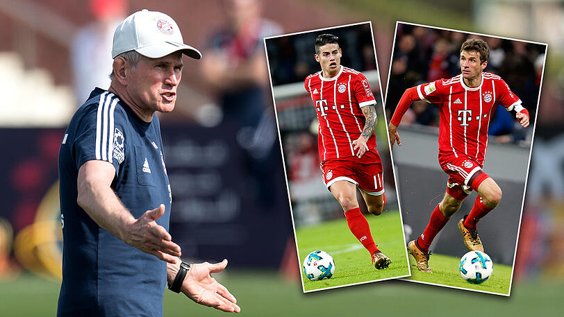 Trainer Jupp Heynckes (l.) muss sich entscheiden: Thomas Müller und James Rodríguez kämpfen wohl beide um die gleiche Position.