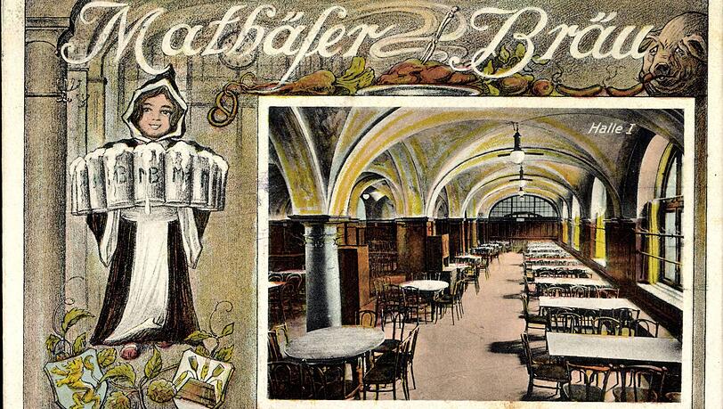 Das Gebäude mit dem Mathäserbräu wurde 1997 abgerissen. Die Aufnahme stammt vermutlich aus dem Jahr 1935.