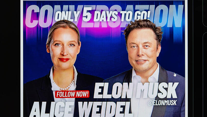 Kritiker sehen im Gespräch zwischen Musk und Weidel eine versteckte Wahlkampfspende, weil der US-Unternehmer gleichzeitig Inhaber der Plattform X ist. Kritiker sehen im Gespräch zwischen Musk und Weidel eine versteckte Wahlkampfspende, weil der US-Unternehmer gleichzeitig Inhaber der Plattform X ist.