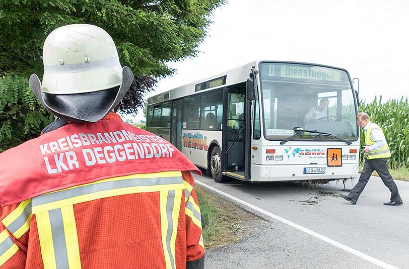 Bei einem Unfall mit diesem Schulbus wurden sieben Kinder verletzt. Die Fahrerin des Busses hatte beim Abbiegen die Kontrolle über das Fahrzeug verloren und war daraufhin in ein Maisfeld gefahren.