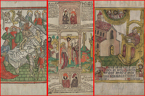 Die "Armenbibel" (um 1470) zeigt mittig den Lanzenstich nach der Kreuzigung Jesus, daneben links: Erschaffung Evas und rechts: Schlag des Moses auf den Felsen.