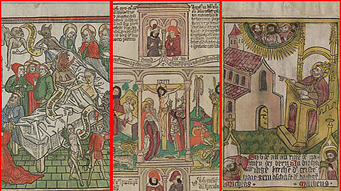Die "Armenbibel" (um 1470) zeigt mittig den Lanzenstich nach der Kreuzigung Jesus, daneben links: Erschaffung Evas und rechts: Schlag des Moses auf den Felsen.