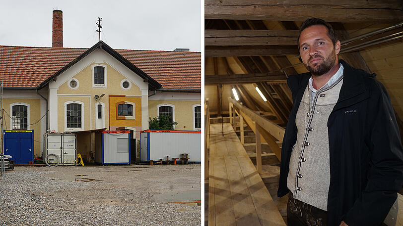 Wird wieder hergerichtet: die Alte Brennerei auf dem Gut Freiham. Auch Bier soll auf dem Gelände gebraut werden. Peter Silber von der Bauabteilung der Augustiner-Stiftung steht auf nicht ausgebautem Dachstuhl der Heilig Kreuz Kirche.