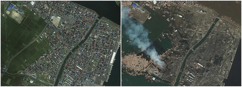 Das Gebiet um Natori am 4. April 210 und nach der Katastrophe am 12. März 2011.