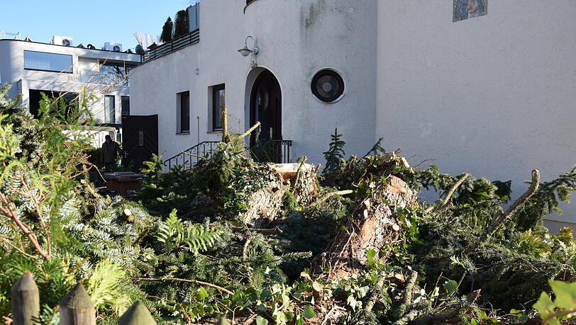 Vor dem Haus stapeln sich Äste und Baumstämme.