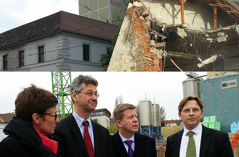 Werfen der Stadt &bdquo;Ignoranz&ldquo; vor: Isabell Zacharias, Michael Piazolo, Robert Brannekämper, Oliver Jörg. Oben: Das Gebäude vor dem Abriss und während der Arbeiten.