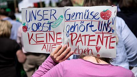 Umweltorganisationen demonstrierten am Mittwoch vor dem Europäischen Patentamt gegen Patenta auf Lebensmittel