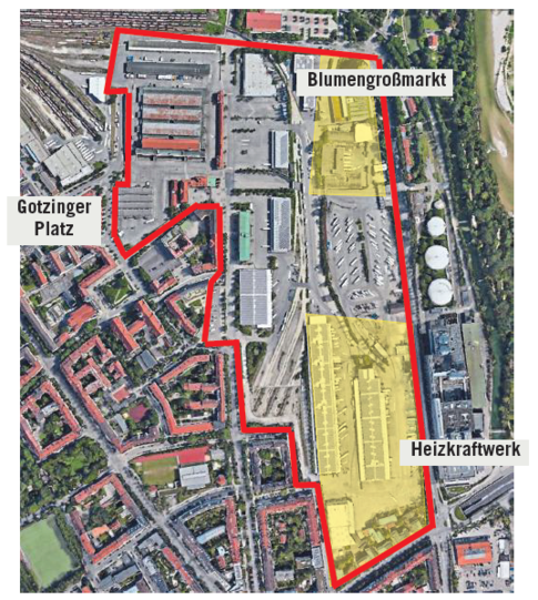 Vom Großmarkt (rot) bleiben nur die gelben Flächen. Die Restflächen können von der Stadt bebaut werden.