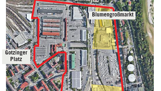 Vom Großmarkt (rot) bleiben nur die gelben Flächen. Die Restflächen können von der Stadt bebaut werden. Vom Großmarkt (rot) bleiben nur die gelben Flächen. Die Restflächen können von der Stadt bebaut werden.