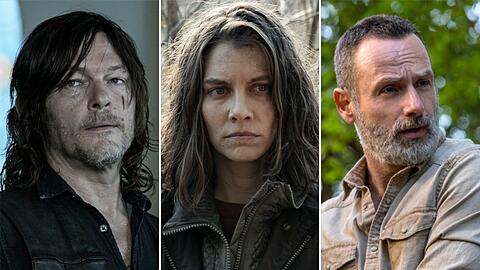 Norman Reedus als Daryl Dixon, Lauren Cohan als Maggie Rhee und Andrew Lincoln als Rick Grimes (v.l.n.r.).
