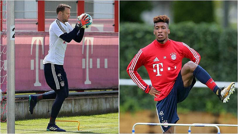 Wieder voll im Bayern-Training dabei: Manuel Neuer (l.) und Kingsley Coman.