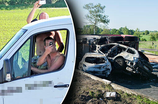 Hier halten die Gaffer an, lehnen sich für ein Unfallfoto sogar weit aus dem Autofenster: Handyfotografen haben die Rettungsaktion bei dem Crash auf der A8 behindert.