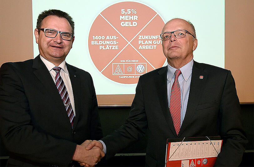 Hartmut Meine (r.), Verhandlungsführer der IG Metall Niedersachsen-Sachsen-Anhalt, und Martin Rosik von Volkswagen bei den Tarifverhandlungen in Hannover. Im Mittelpunkt stehen die Bezahlung und die Arbeitsbedingungen von 115 000 Mitarbeitern in den sechs westdeutschen Werken der Volkswagen AG und bei der Finanztochter.