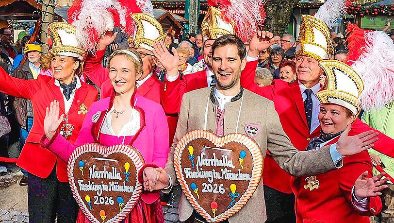 Das neue Faschingsprinzenpaar stellt sich den Münchnern vor: Produktmanagerin Samantha Bigl und Entwicklungsingenieur Stephan Kürten. Sie werden in den kommenden Monaten die Faschingsgesellschaft Narrhalla repräsentieren.