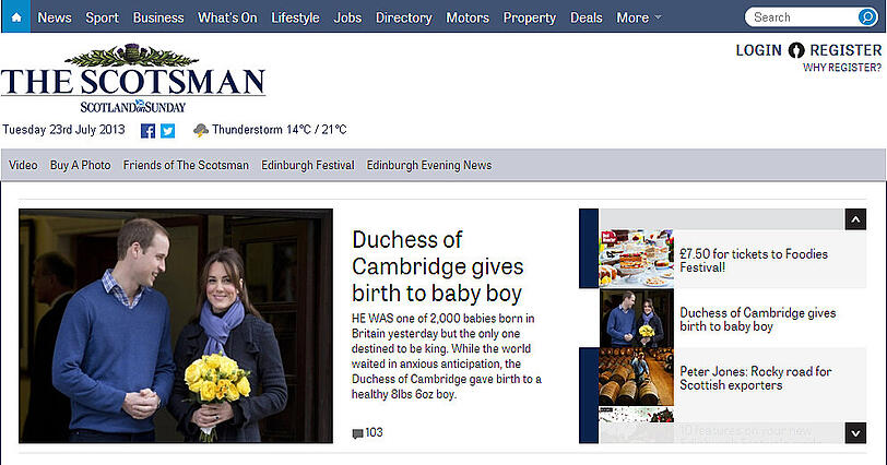 Das schottische Blatt "The Scotsman" schreibt: "Die Herzogin von Cambridge bekommt einen Baby-Jungen"