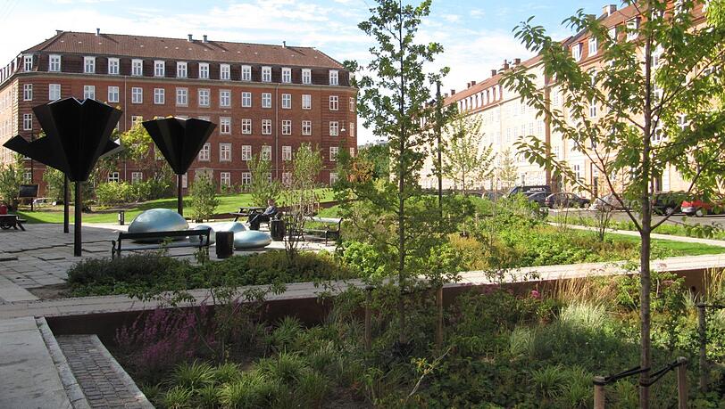 Pflanzgraben statt nur Wiese: So kann sich Regenwasser sammeln, anstatt in den Kanal abzufließen – wie in diesem Beispiel aus Kopenhagen. Pflanzgraben statt nur Wiese: So kann sich Regenwasser sammeln, anstatt in den Kanal abzufließen – wie in diesem Beispiel aus Kopenhagen.