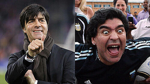 Zwei Fotos, jedes ganz typisch. So sehen sie sich, so zeigen sie sich, so sind sie: Bundestrainer Löw, der smarte Jogi (l.), und Argentiniens extrovertierter Nationalcoach Diego Maradona. Zwei Fotos, jedes ganz typisch. So sehen sie sich, so zeigen sie sich, so sind sie: Bundestrainer Löw, der smarte Jogi (l.), und Argentiniens extrovertierter Nationalcoach Diego Maradona.
