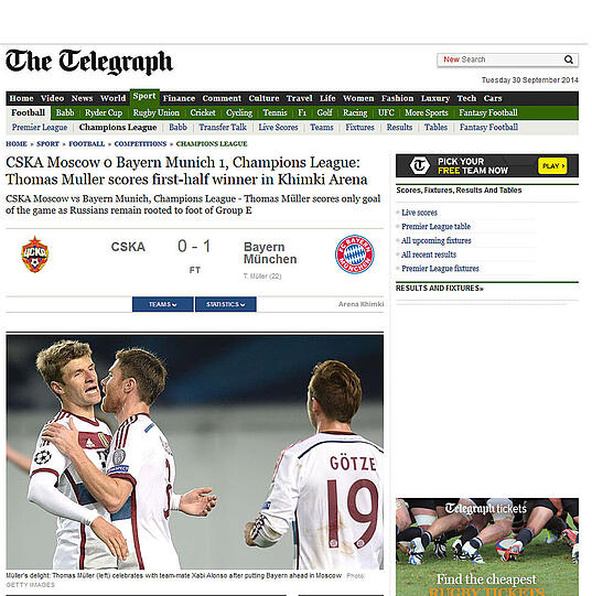 Der britische Telegraph vermeldet: Thomas Müllers "first-half-winner" - sein Treffer im erstebn Durchgang - bescherte den Bayern den Sieg.