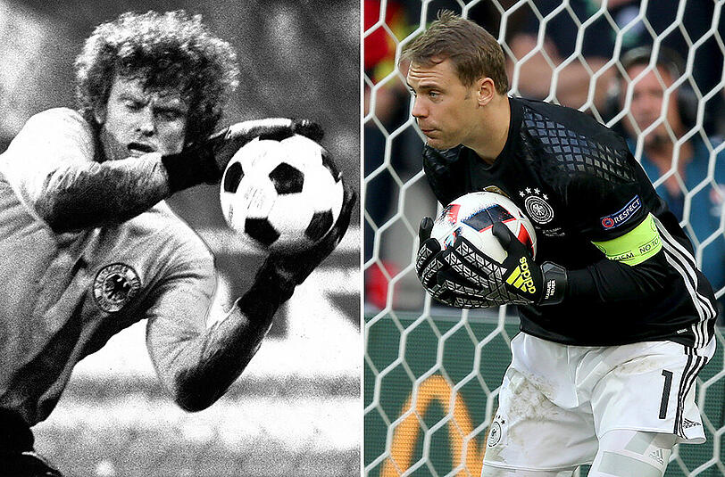 Ikonen im Tor des FC Bayern: Sepp Maier 1978 (links) und Manuel Neuer 2016.