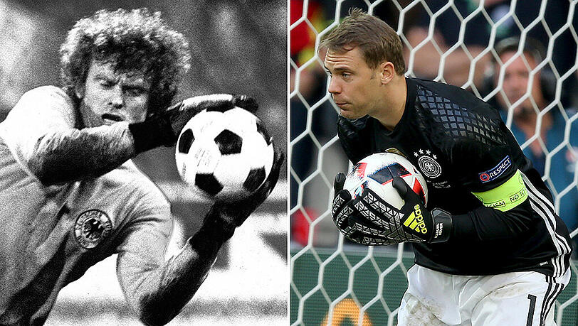 Ikonen im Tor des FC Bayern: Sepp Maier 1978 (links) und Manuel Neuer 2016. Ikonen im Tor des FC Bayern: Sepp Maier 1978 (links) und Manuel Neuer 2016.