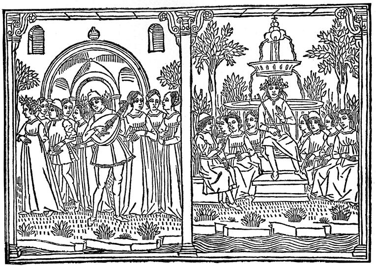 1492 ershien in Venedig eine der vielen Ausgaben von &bdquo;Decamerone&ldquo;: Hier mit den zehn G&auml;sten im Landhaus als Isllustration und dem &bdquo;K&ouml;nig&ldquo; des Tages.