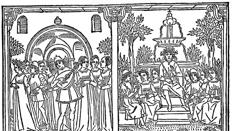 1492 ershien in Venedig eine der vielen Ausgaben von &bdquo;Decamerone&ldquo;: Hier mit den zehn G&auml;sten im Landhaus als Isllustration und dem &bdquo;K&ouml;nig&ldquo; des Tages.