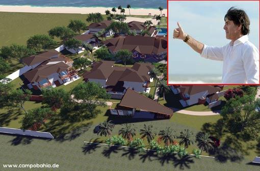 4 Häuser direkt am Atlantik: Diese Computergrafik zeigt das Ressort &bdquo;Campo Bahia&ldquo; in Brasilien, das der DFB-Tross um Bundestrainer Joachim Löw (r.) bei der WM 2014 bewohnen will