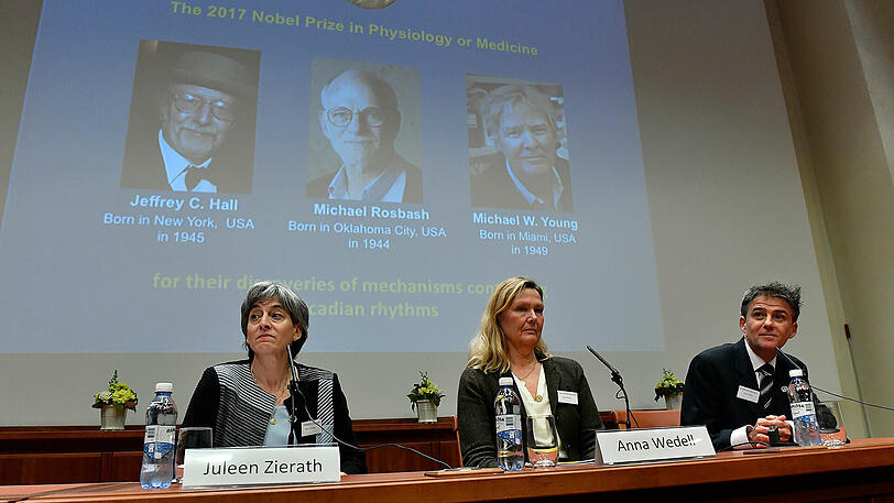 Anna Wedell (M) vom Karolinska-Institut in Stockholm und die Mitglieder des Komitees Juleen Zierath (l) und Carlos Ibanez bei der Bekanntgabe der Preisträger.