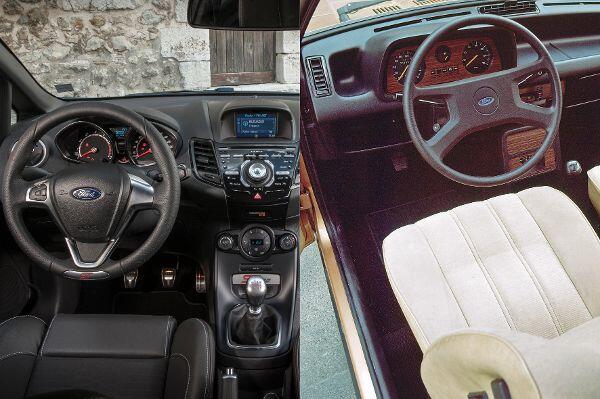 Der Fahrerplatz damals und heute: Hightech und Sportsitze im aktuellen Fiesta und ein spartanischer Innenraum im Ur-Modell.