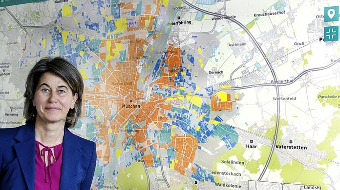 Planungssicherheit soll der Wärmeplan (Hintergrund) bieten, sagt Klimareferentin Christine Kugler. Das Fernwärmegebiet ist orange.