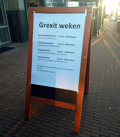 "Bitte einen Varoufakis-Teller." - "Das macht dann 5.500 Drachmen."