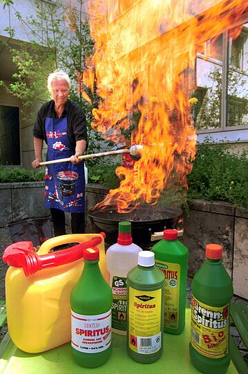 Mit Brennspiritus kann das Feuer außer Kontrolle geraten.