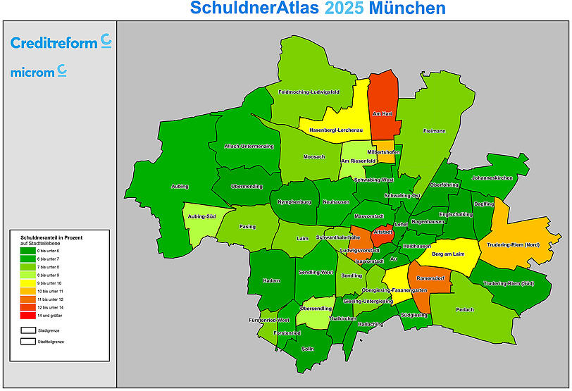 Creditreform erhebt die Zahlen auch für die einzelnen Stadtviertel. In den rot gefärbten ist der Anteil der überschuldeten Münchner und Münchnerinnen gemessen an der Bevölkerungszahl am höchsten.