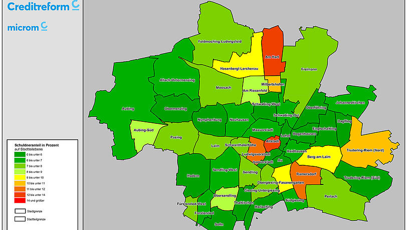 Creditreform erhebt die Zahlen auch für die einzelnen Stadtviertel. In den rot gefärbten ist der Anteil der überschuldeten Münchner und Münchnerinnen gemessen an der Bevölkerungszahl am höchsten. Creditreform erhebt die Zahlen auch für die einzelnen Stadtviertel. In den rot gefärbten ist der Anteil der überschuldeten Münchner und Münchnerinnen gemessen an der Bevölkerungszahl am höchsten.